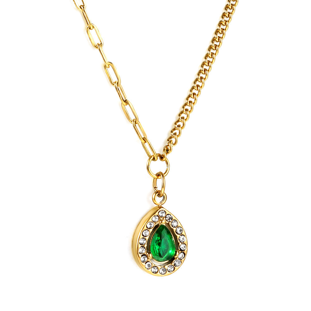 Spring 2024 teardrop green diamond + white diamond circle pendant necklace 46+5cm asonjewelry